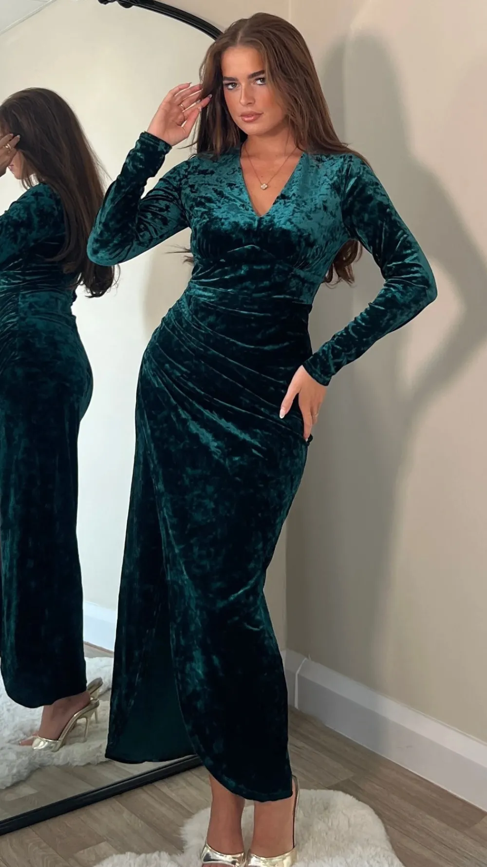 sigourney_forest_green_ve_0.webp GIRL IN MIND Fitted Dresses | Going Out Dresses^Sigourney Forest Green Velvet Asymmetric Wrap Midi Dress