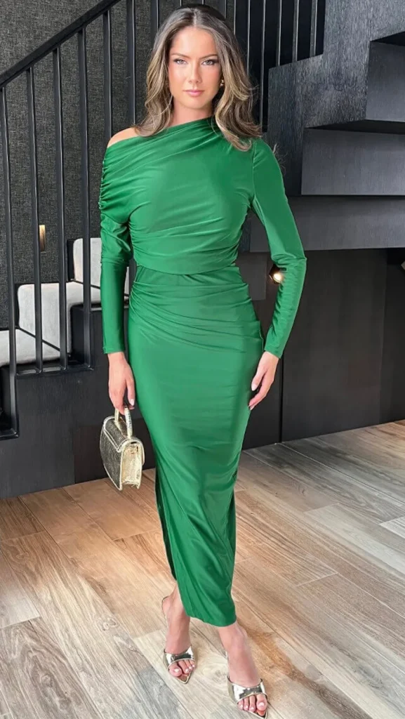 AX PARIS Going Out Dresses | Occasion Dresses^Silvia Green Off The Shoulder Long Sleeved Draped Midi Dress