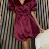 XThree Going Out Dresses | Mini Dresses^Simona Cherry Red Puff Sleeve Sateen Mini Dress