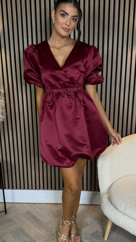XThree Going Out Dresses | Mini Dresses^Simona Cherry Red Puff Sleeve Sateen Mini Dress