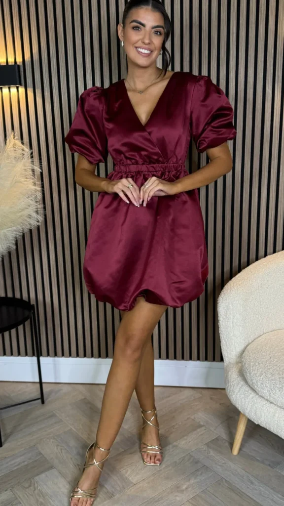 XThree Going Out Dresses | Mini Dresses^Simona Cherry Red Puff Sleeve Sateen Mini Dress