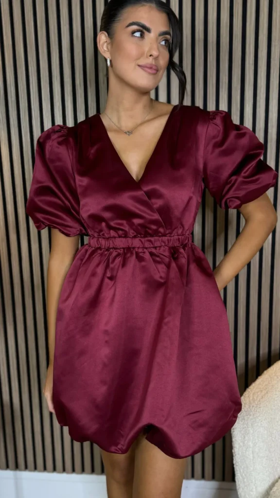 XThree Going Out Dresses | Mini Dresses^Simona Cherry Red Puff Sleeve Sateen Mini Dress