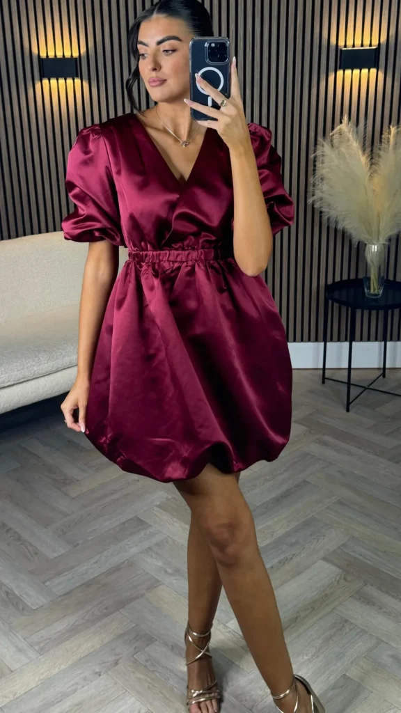 XThree Going Out Dresses | Mini Dresses^Simona Cherry Red Puff Sleeve Sateen Mini Dress