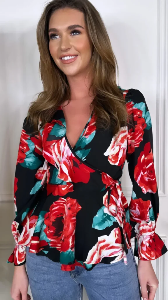 INFLUENCE Tops^Siobhan Red Floral Ruffle Wrap Top