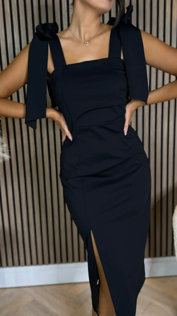 MS FASHION Going Out Dresses | Occasion Dresses^Siofra Black Tie Detail Square Neckline Midi Dress