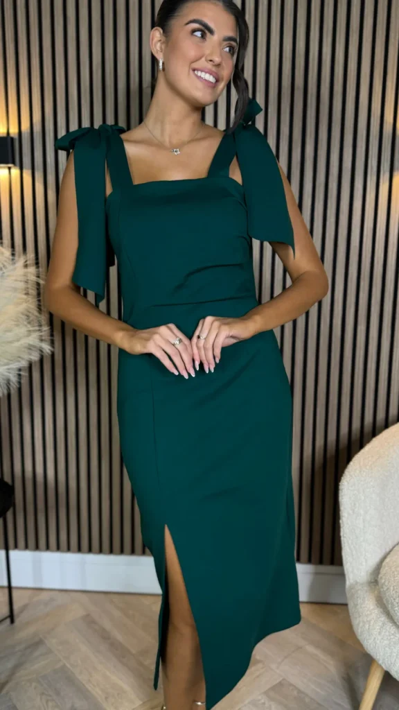 MS FASHION Going Out Dresses | Occasion Dresses^Siofra Forest Green Tie Detail Square Neckline Midi Dress