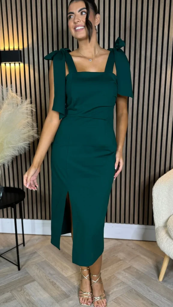 MS FASHION Going Out Dresses | Occasion Dresses^Siofra Forest Green Tie Detail Square Neckline Midi Dress