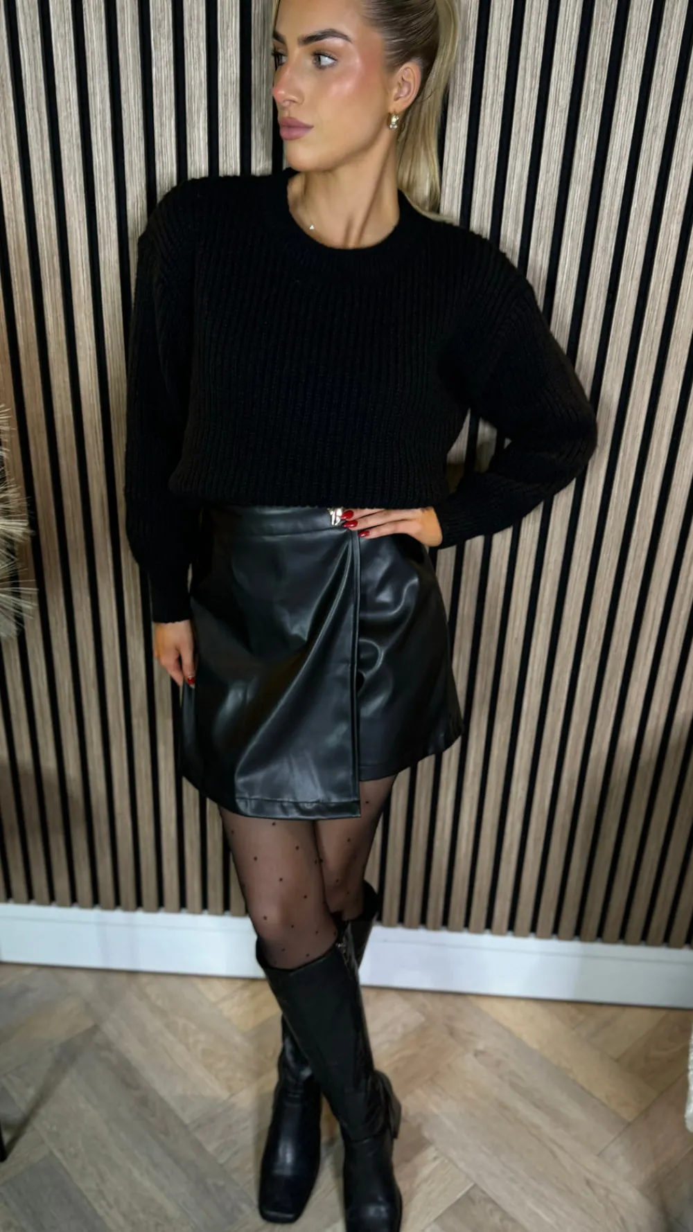 sofia_black_wrap_detail_l_1.webp ELENZA Skirts & Shorts^Sofia Black Wrap Detail Leather Look Skort