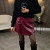 ELENZA Skirts & Shorts^Sofia Burgundy Wrap Detail Leather Look Skort
