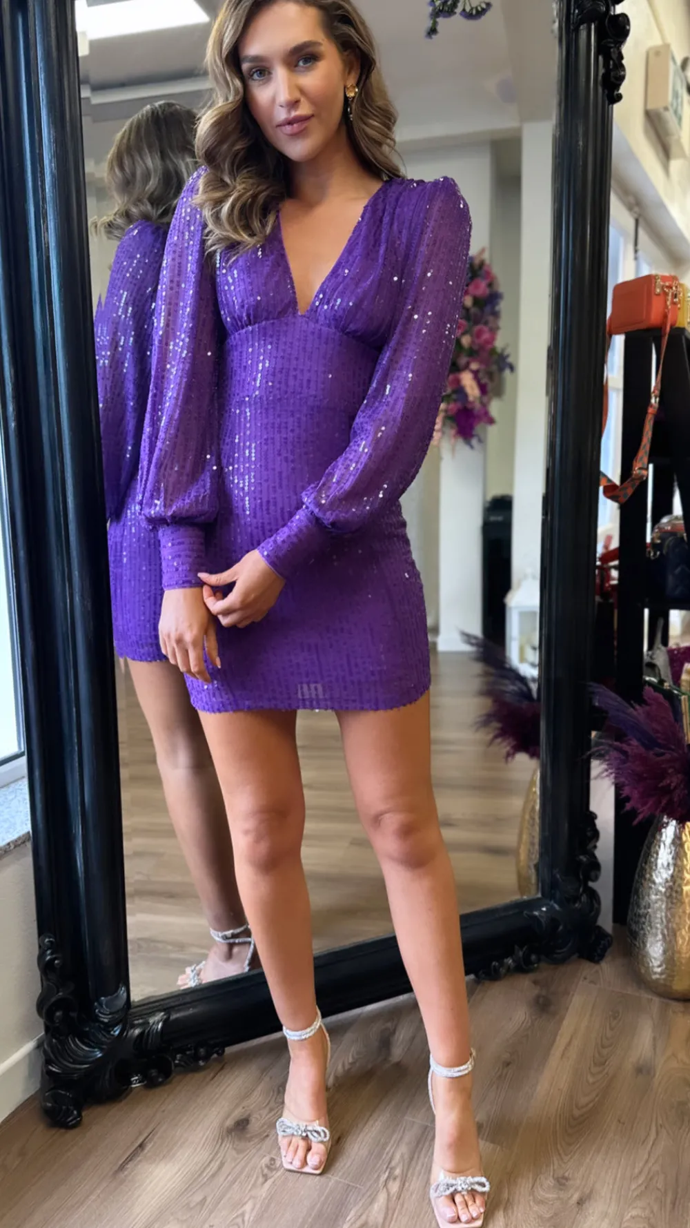 starlette_purple_sequin_r_1.webp WHTWOS Going Out Dresses | Occasion Dresses^Starlette Purple Sequin Ruched Detail Mini Dress