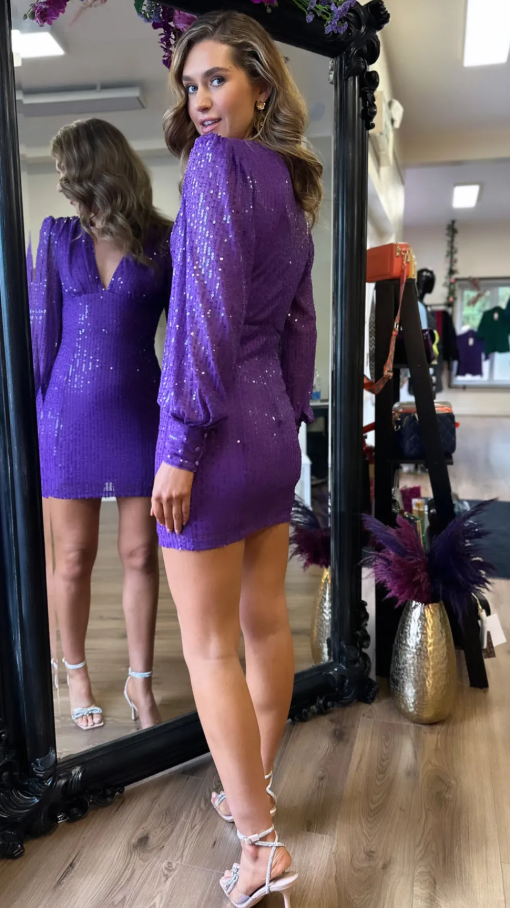 starlette_purple_sequin_r_5.webp WHTWOS Going Out Dresses | Occasion Dresses^Starlette Purple Sequin Ruched Detail Mini Dress