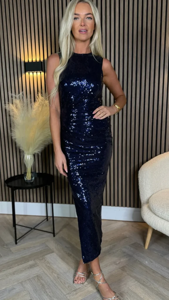 AX PARIS Going Out Dresses | Midi Dresses^Stella Navy Sequin Round Neck Ruched Midi Dress