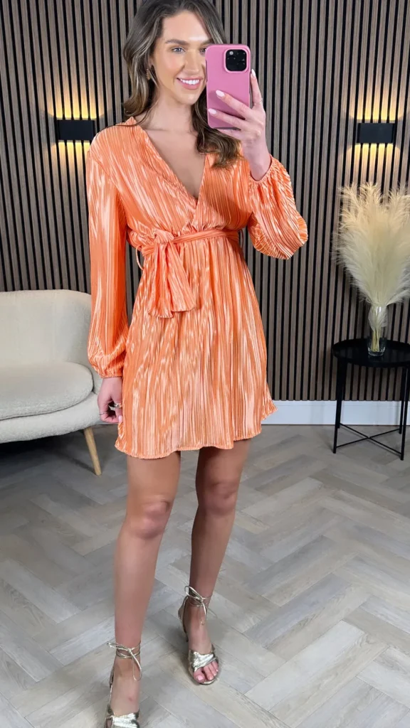 LUCCE Going Out Dresses | Occasion Dresses^Summer Orange Plisse Belted Mini Dress