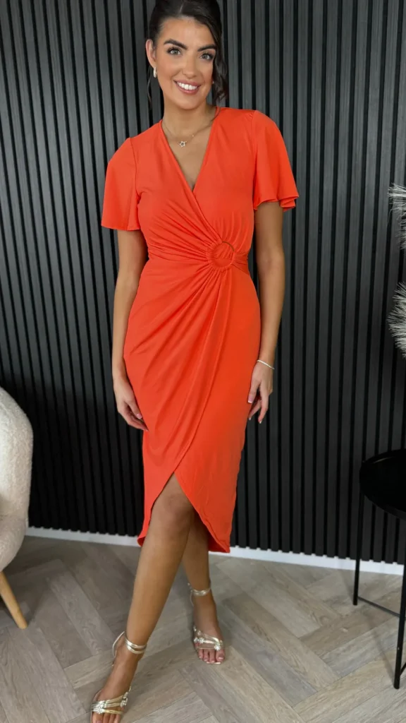 AX PARIS Going Out Dresses | Occasion Dresses^Susannah Burnt Orange Short Sleeve Ring Detail Wrap Midi Dress