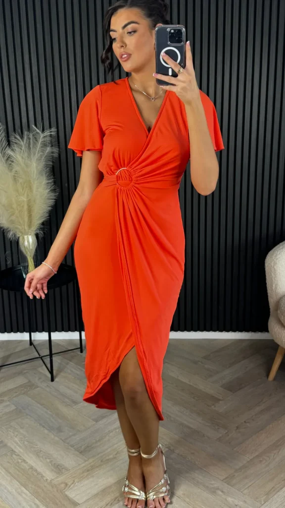 AX PARIS Going Out Dresses | Occasion Dresses^Susannah Burnt Orange Short Sleeve Ring Detail Wrap Midi Dress