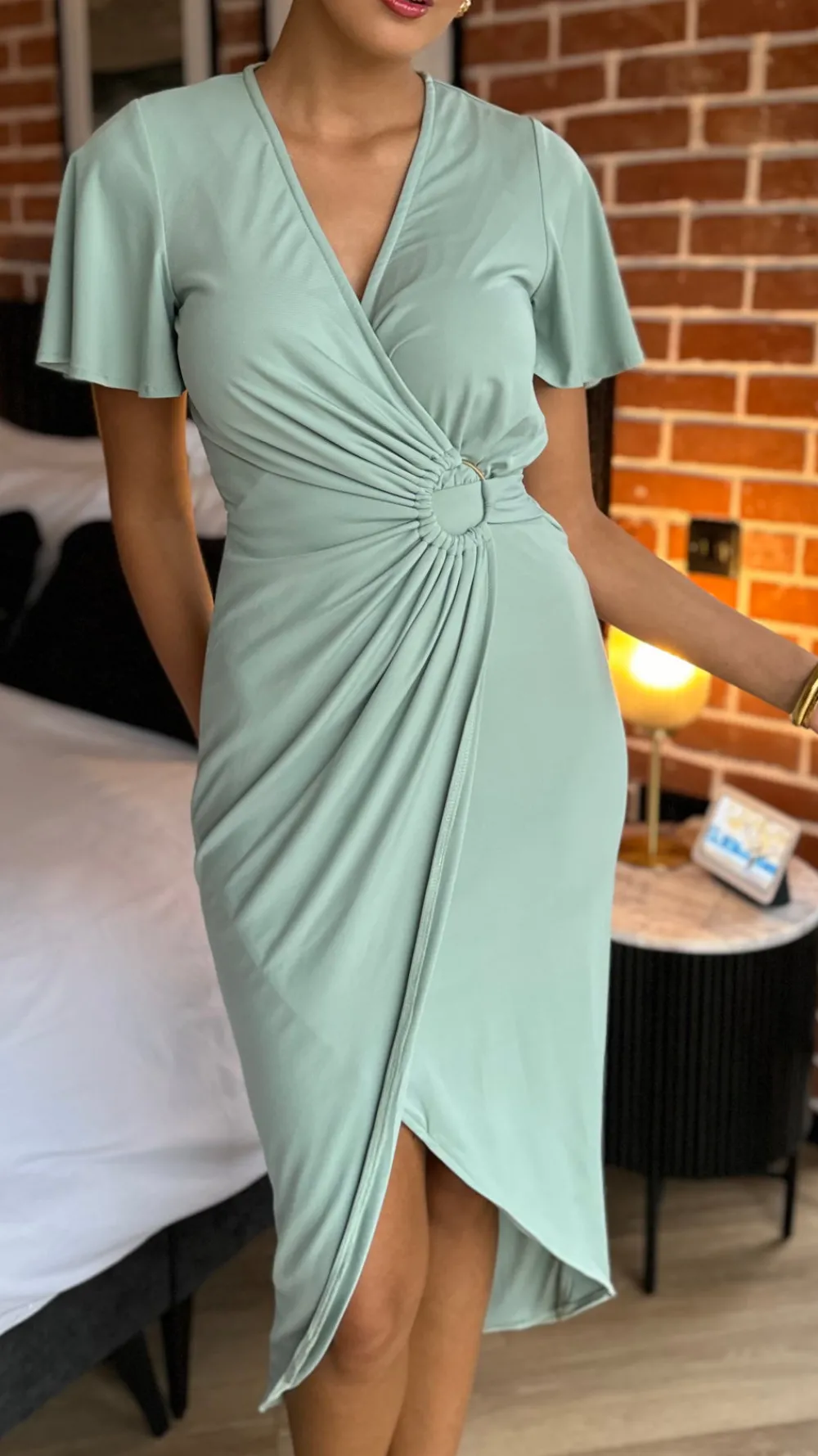 susannah_duck_egg_short_s_4.webp AX PARIS Going Out Dresses | Occasion Dresses^Susannah Duck Egg Short Sleeve Ring Detail Wrap Midi Dress