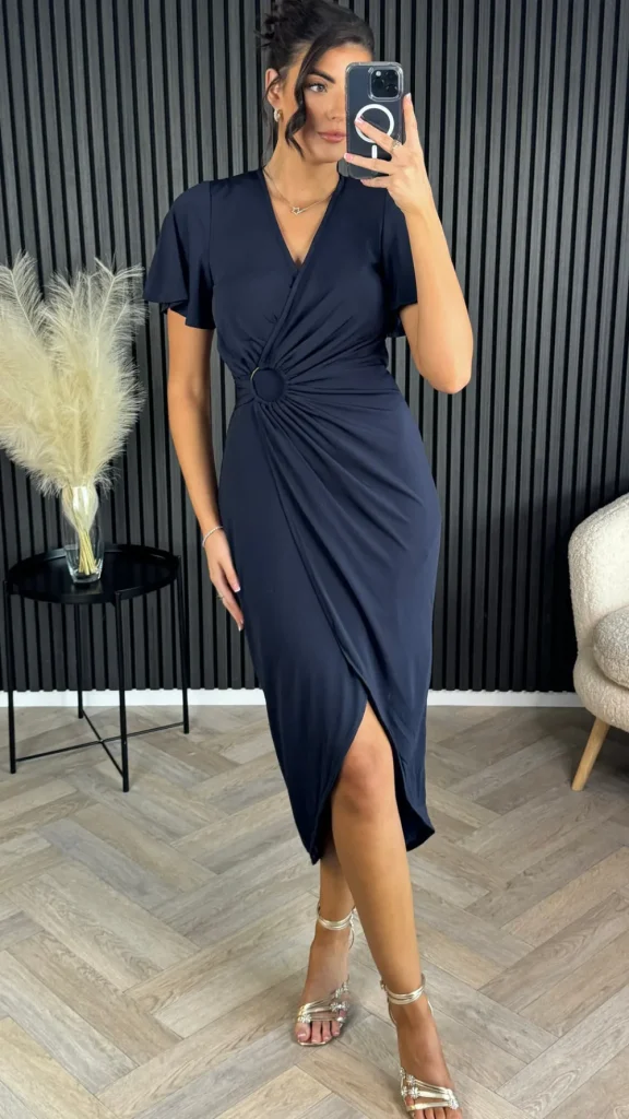 AX PARIS Going Out Dresses | Occasion Dresses^Susannah Navy Short Sleeve Ring Detail Wrap Midi Dress
