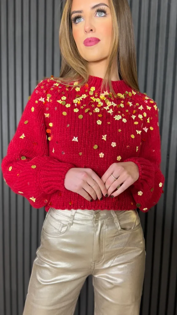 PARIS FASHION SHOPS Knitwear^Susie Red Sparkling Gold Sequin Jumper