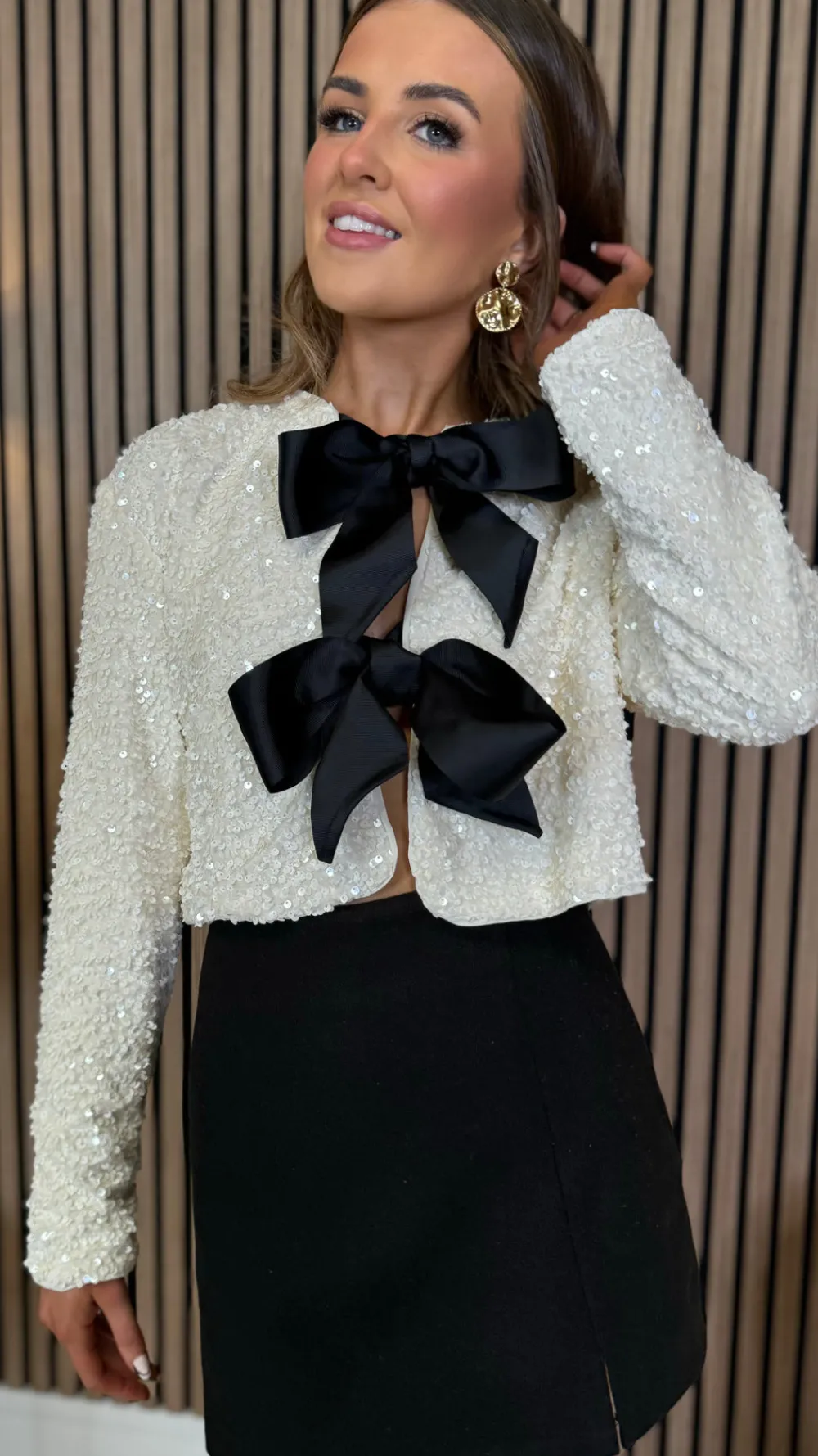 tahlia_beige_sequin_with__0.webp ALLYSON Tops^Tahlia Beige Sequin With Black Bow Detail Top