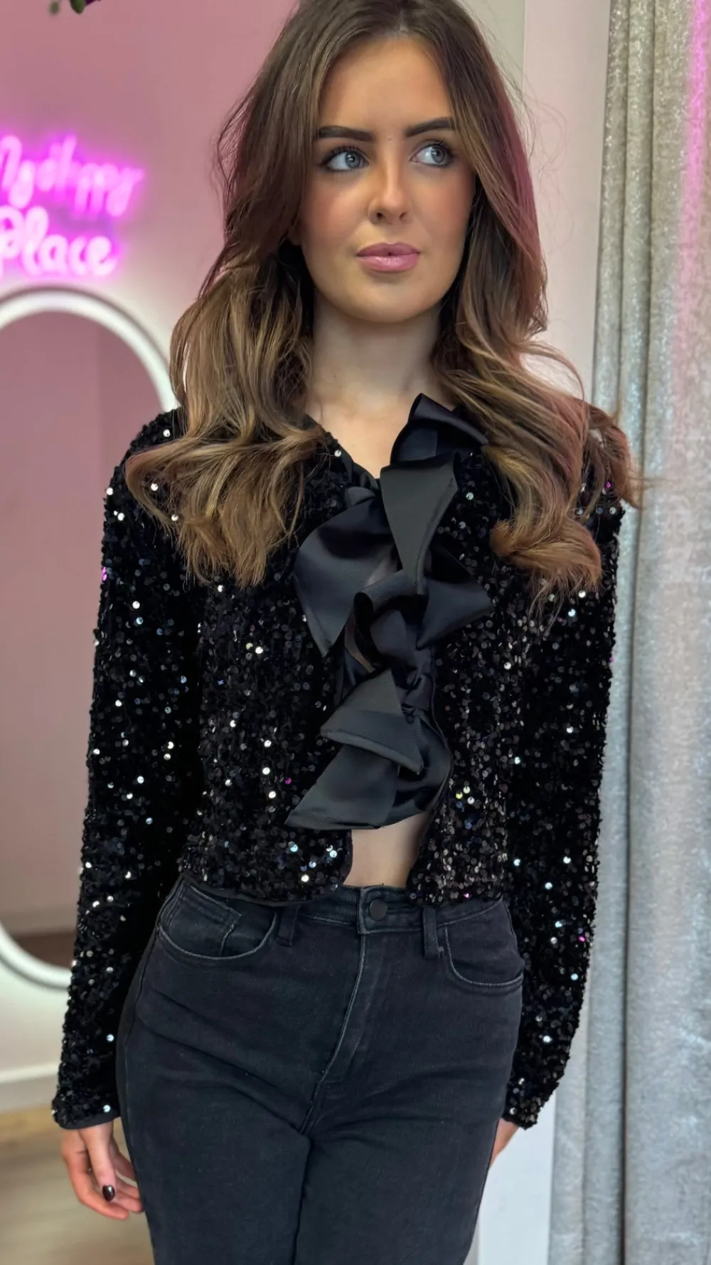 tahlia_black_sequin_with__5.webp ALLYSON Tops^Tahlia Black Sequin With Bow Detail Top