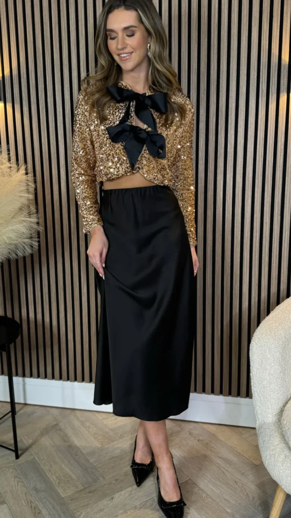 ALLYSON Tops^Tahlia Gold Sequin With Black Bow Detail Top