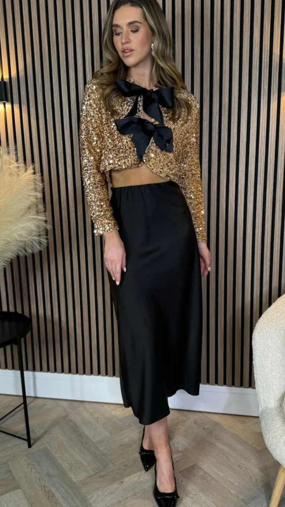 ALLYSON Tops^Tahlia Gold Sequin With Black Bow Detail Top