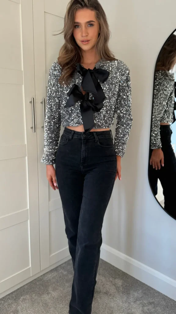 ALLYSON Tops^Tahlia Silver Sequin With Black Bow Detail Top