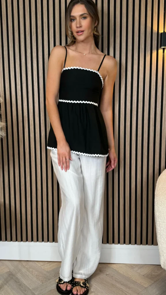 COPPEROSE Tops^Talia Black & White Trimmed Cami Strap Top