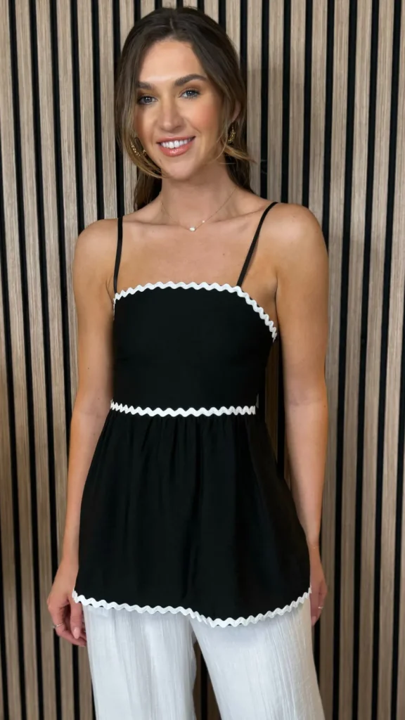 COPPEROSE Tops^Talia Black & White Trimmed Cami Strap Top