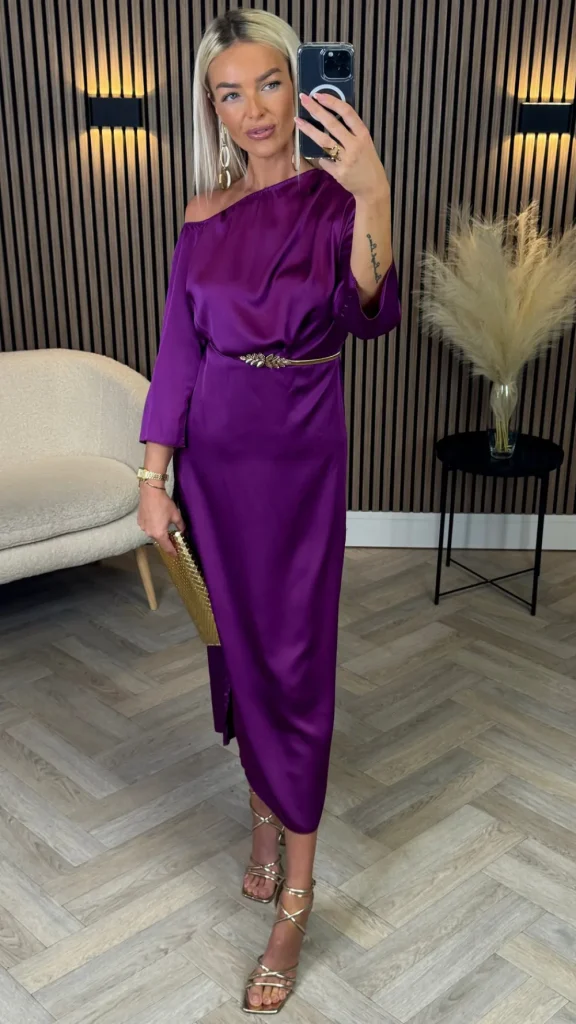 LORIANE Going Out Dresses | Occasion Dresses^Tamera Purple Off The Shoulder Long Sleeved Ruched Midi Dress