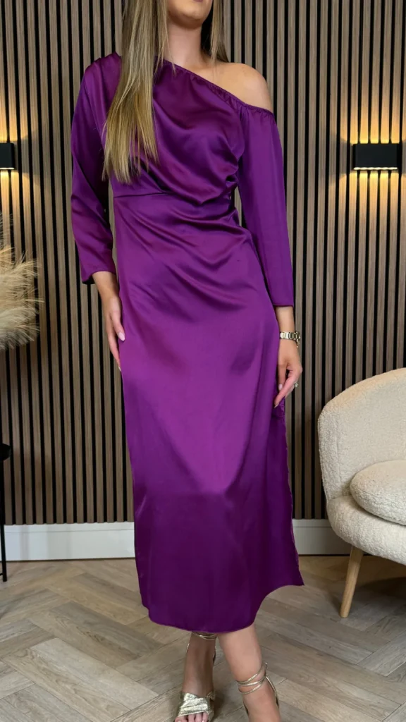 LORIANE Going Out Dresses | Occasion Dresses^Tamera Purple Off The Shoulder Long Sleeved Ruched Midi Dress