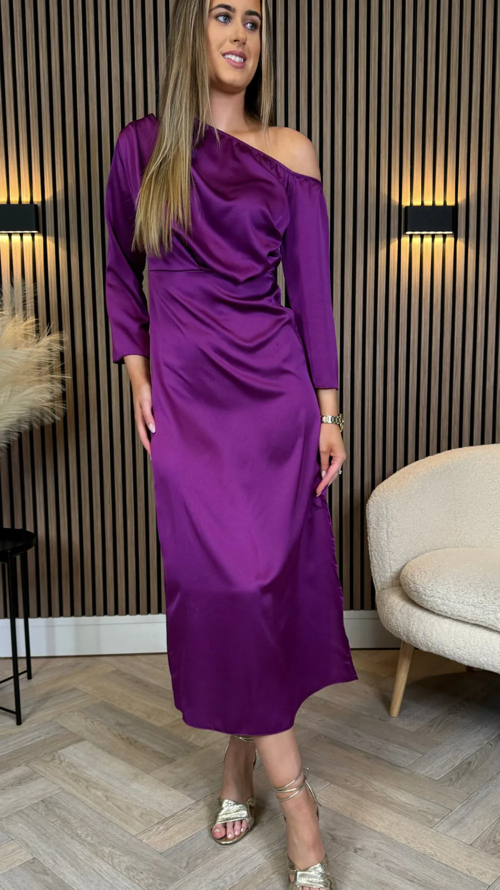 tamera_purple_off_the_sho_2.webp LORIANE Going Out Dresses | Occasion Dresses^Tamera Purple Off The Shoulder Long Sleeved Ruched Midi Dress