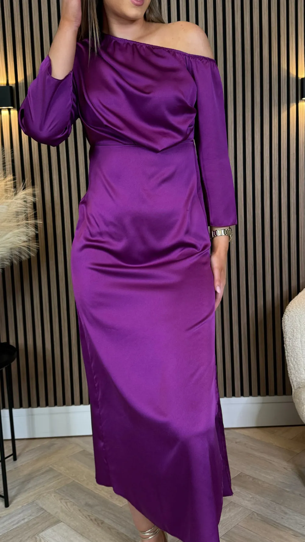tamera_purple_off_the_sho_3.webp LORIANE Going Out Dresses | Occasion Dresses^Tamera Purple Off The Shoulder Long Sleeved Ruched Midi Dress