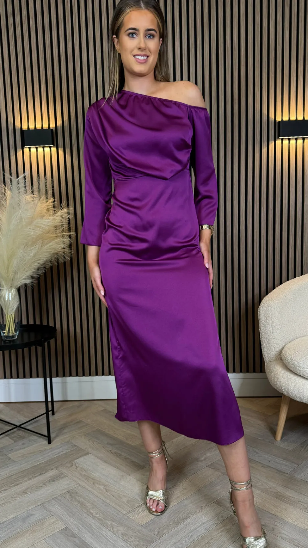 tamera_purple_off_the_sho_4.webp LORIANE Going Out Dresses | Occasion Dresses^Tamera Purple Off The Shoulder Long Sleeved Ruched Midi Dress