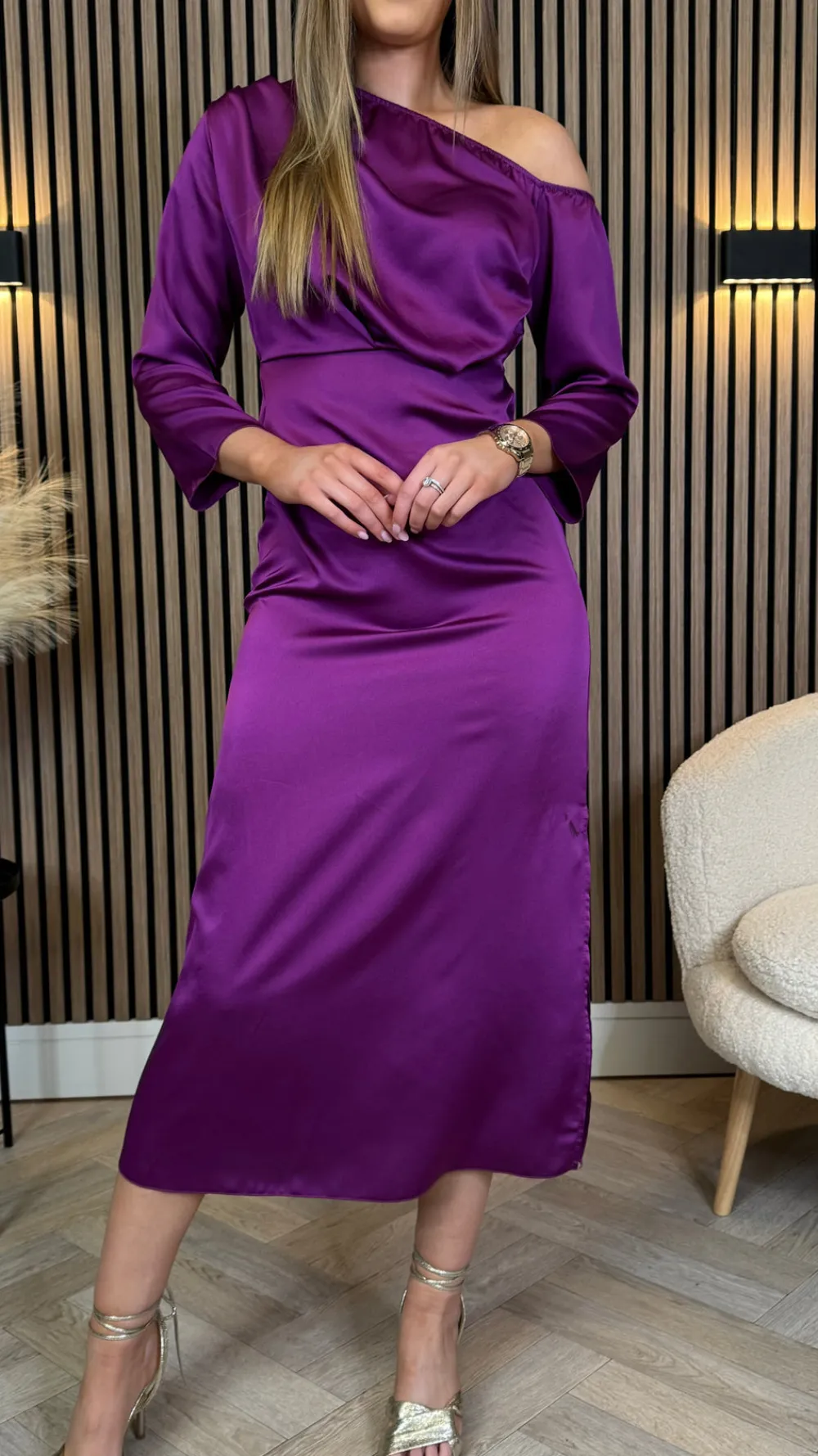 tamera_purple_off_the_sho_5.webp LORIANE Going Out Dresses | Occasion Dresses^Tamera Purple Off The Shoulder Long Sleeved Ruched Midi Dress