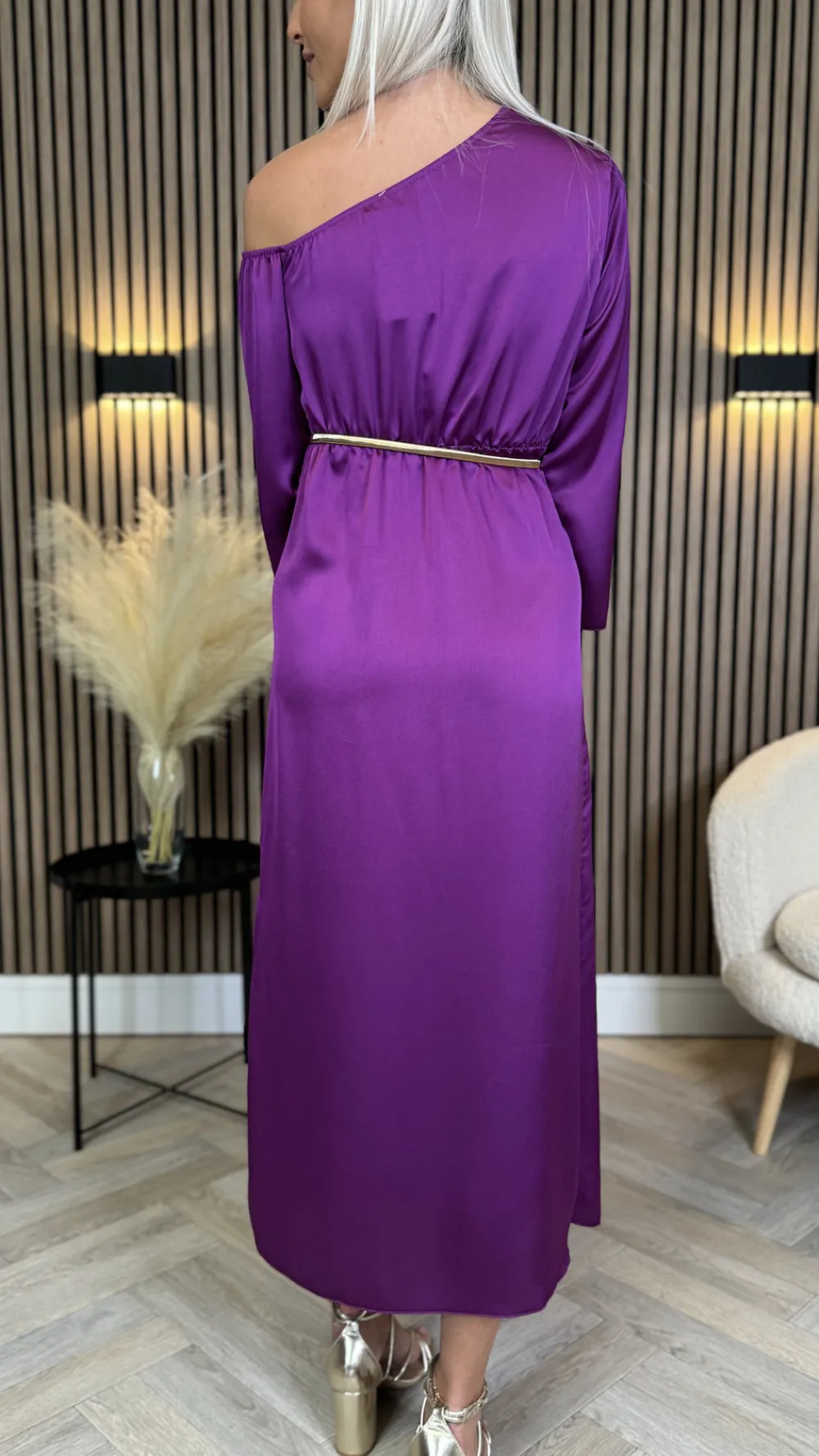tamera_purple_off_the_sho_7.webp LORIANE Going Out Dresses | Occasion Dresses^Tamera Purple Off The Shoulder Long Sleeved Ruched Midi Dress