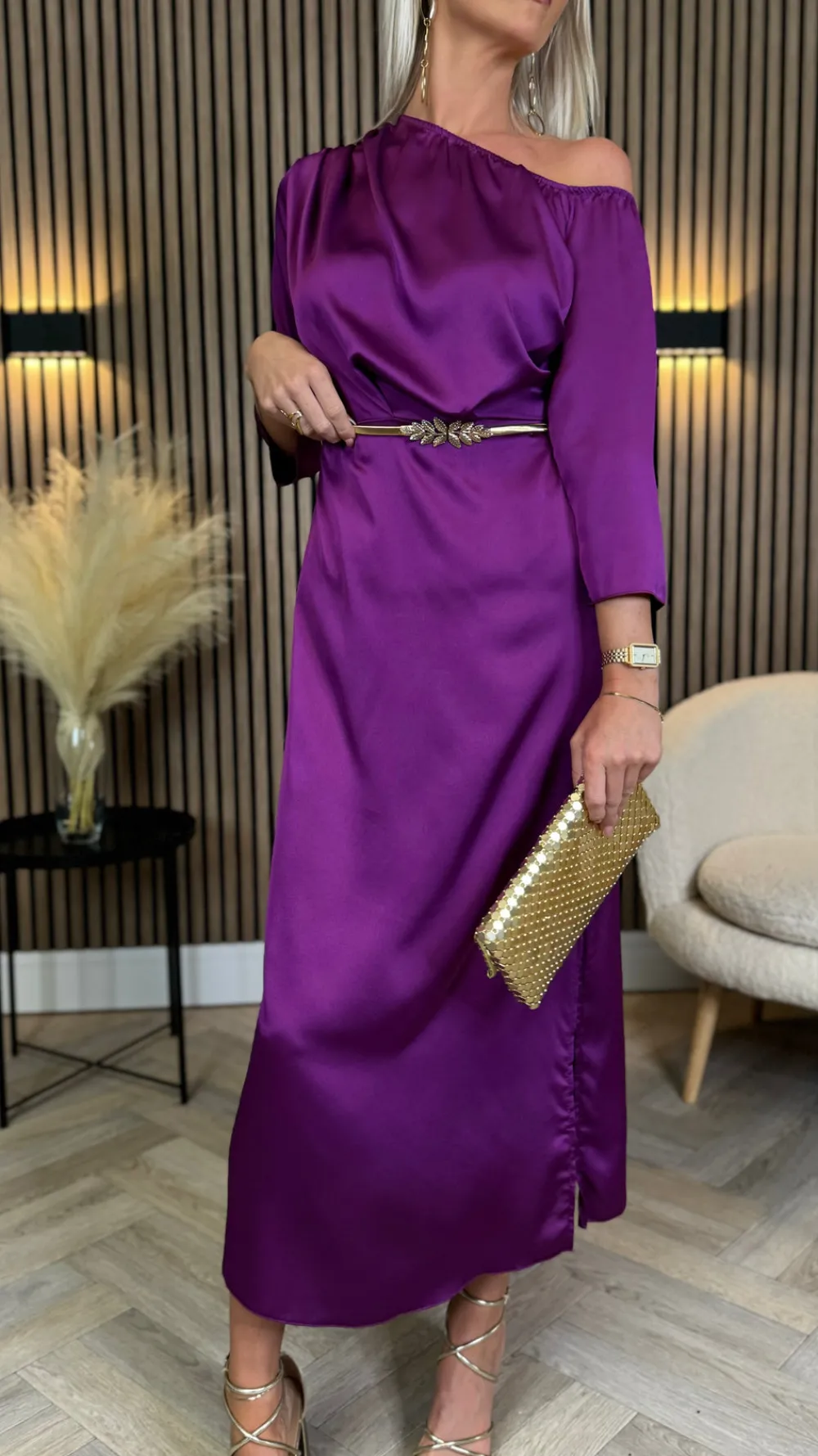 tamera_purple_off_the_sho_8.webp LORIANE Going Out Dresses | Occasion Dresses^Tamera Purple Off The Shoulder Long Sleeved Ruched Midi Dress