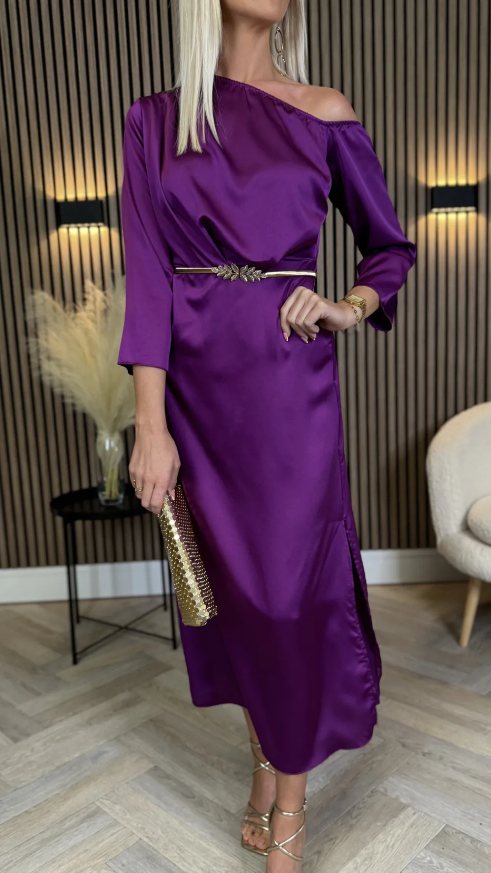 tamera_purple_off_the_sho_9.webp LORIANE Going Out Dresses | Occasion Dresses^Tamera Purple Off The Shoulder Long Sleeved Ruched Midi Dress
