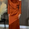 LORIANE Going Out Dresses | Occasion Dresses^Tamera Rust Off The Shoulder Long Sleeved Ruched Midi Dress