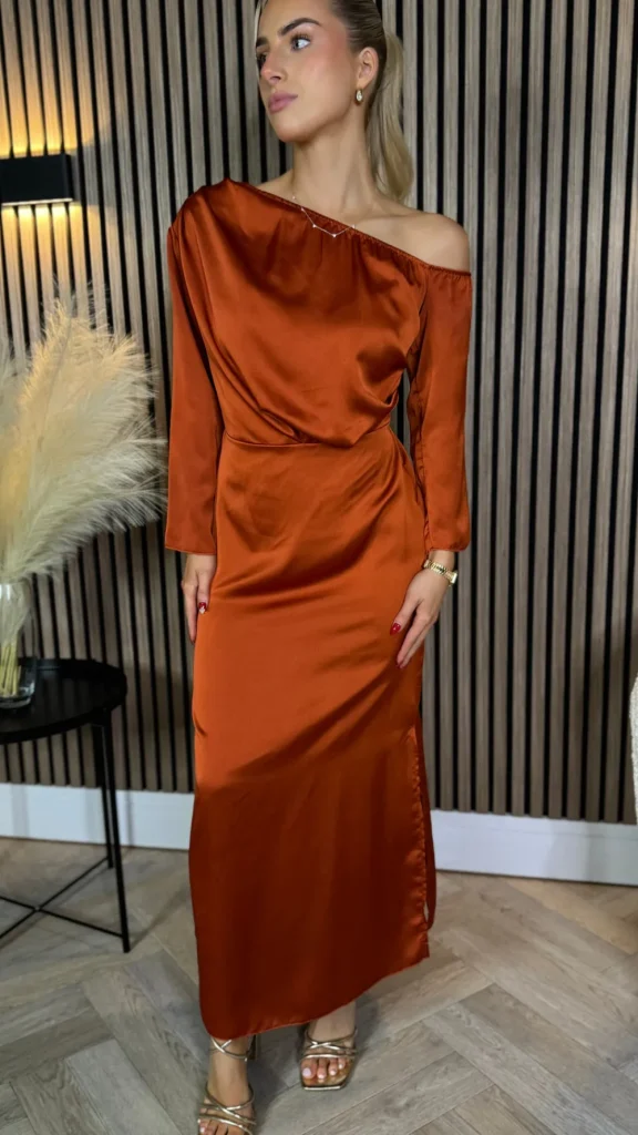 LORIANE Going Out Dresses | Occasion Dresses^Tamera Rust Off The Shoulder Long Sleeved Ruched Midi Dress