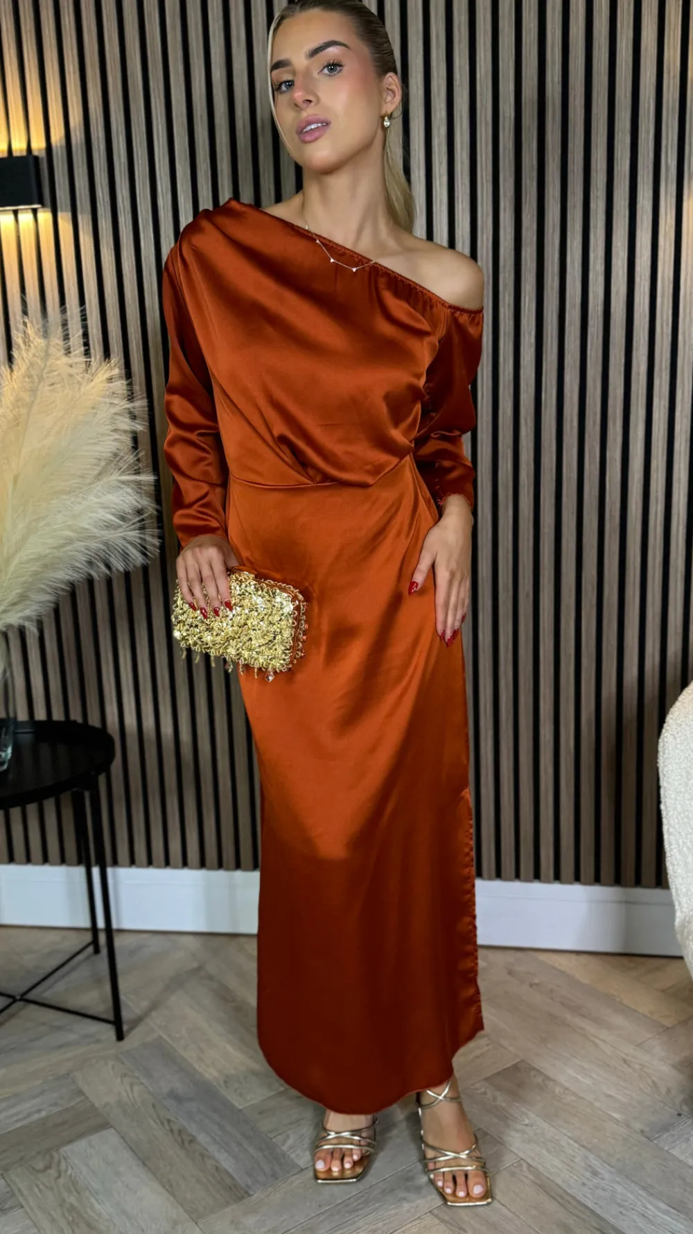 tamera_rust_off_the_shoul_3.webp LORIANE Going Out Dresses | Occasion Dresses^Tamera Rust Off The Shoulder Long Sleeved Ruched Midi Dress
