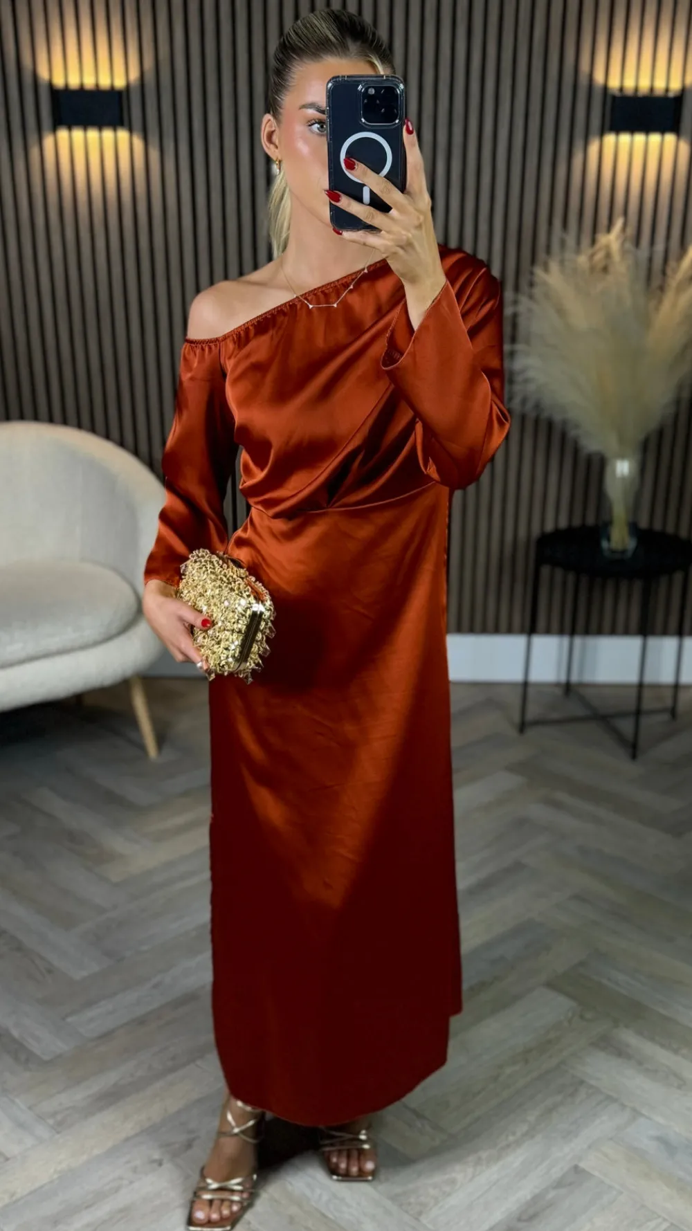 tamera_rust_off_the_shoul_4.webp LORIANE Going Out Dresses | Occasion Dresses^Tamera Rust Off The Shoulder Long Sleeved Ruched Midi Dress