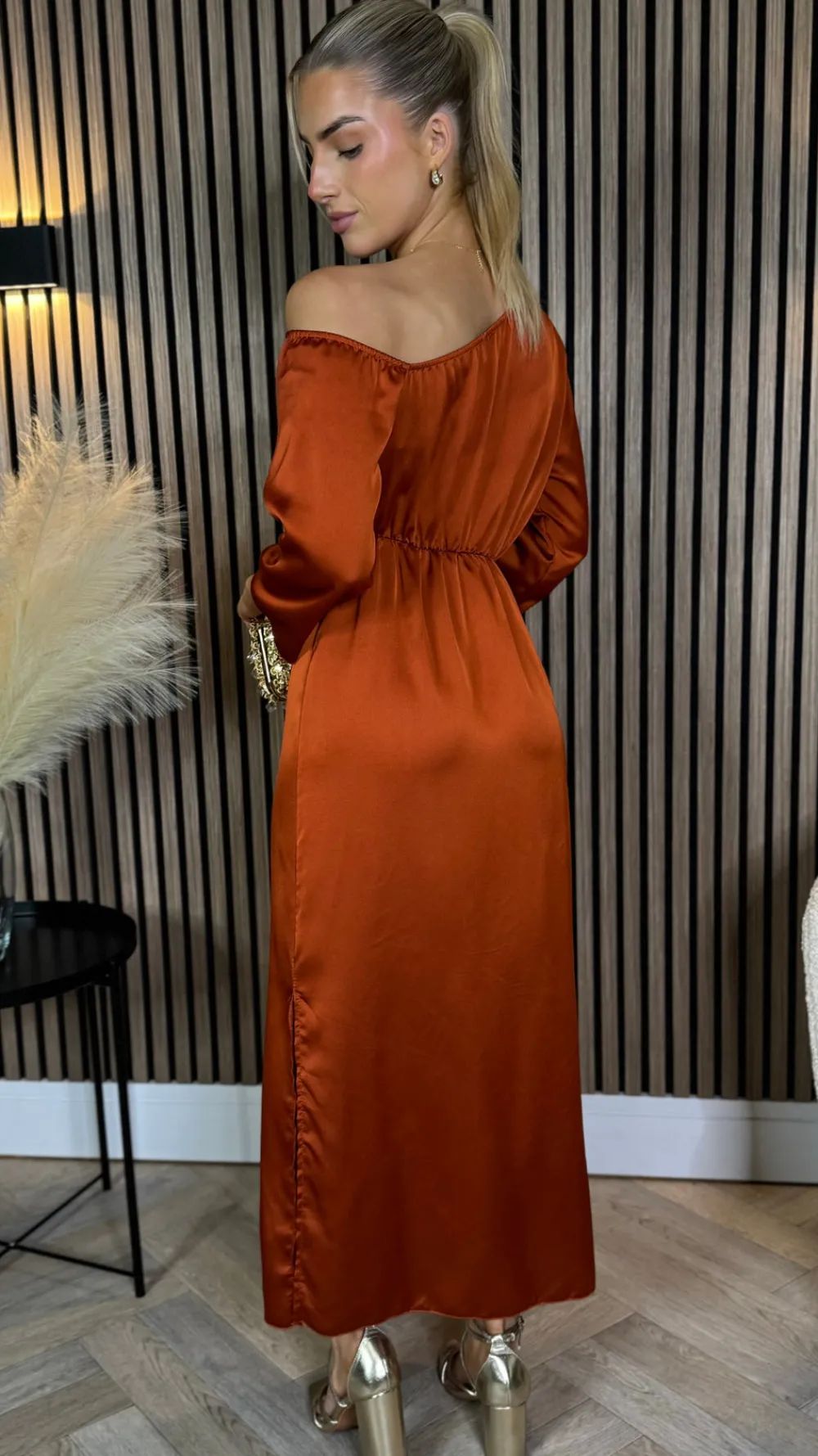 tamera_rust_off_the_shoul_5.webp LORIANE Going Out Dresses | Occasion Dresses^Tamera Rust Off The Shoulder Long Sleeved Ruched Midi Dress