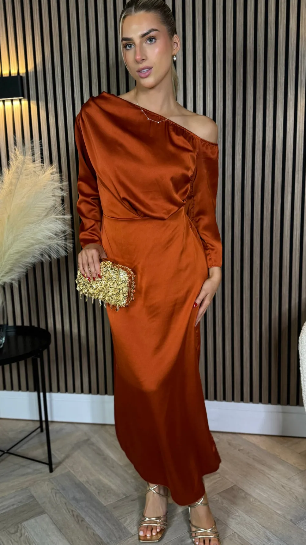 tamera_rust_off_the_shoul_6.webp LORIANE Going Out Dresses | Occasion Dresses^Tamera Rust Off The Shoulder Long Sleeved Ruched Midi Dress