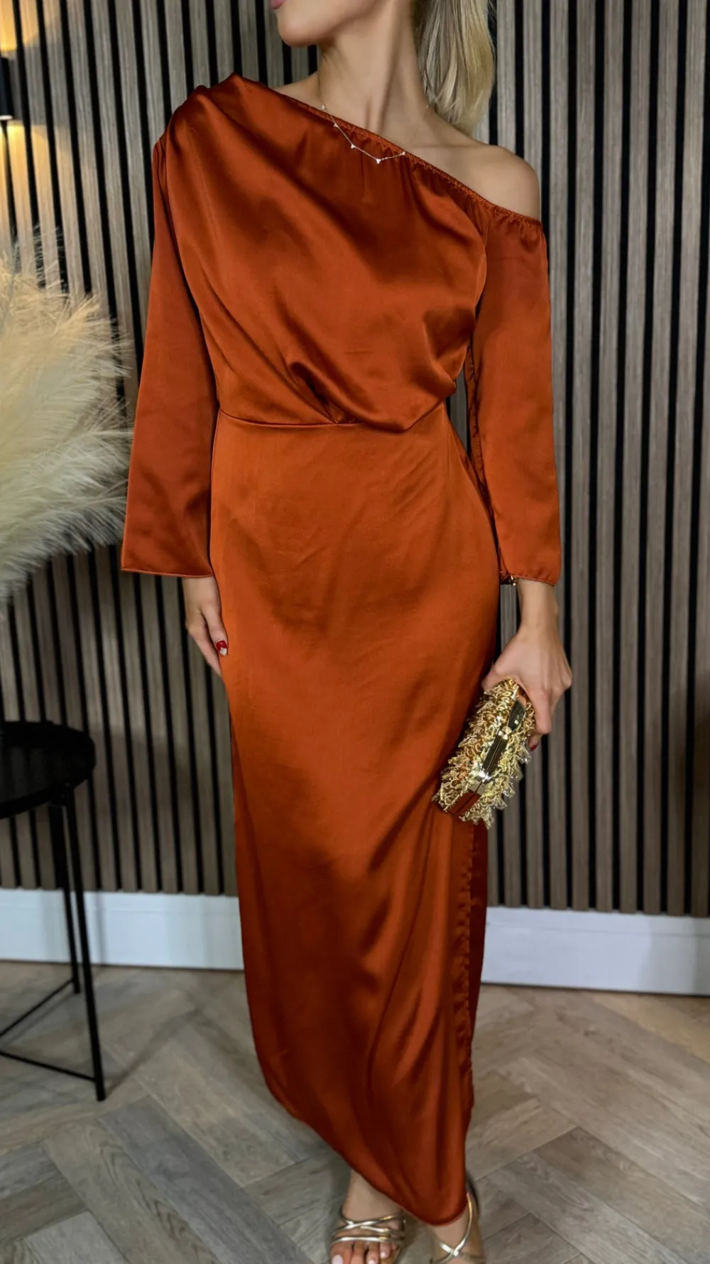tamera_rust_off_the_shoul_7.webp LORIANE Going Out Dresses | Occasion Dresses^Tamera Rust Off The Shoulder Long Sleeved Ruched Midi Dress