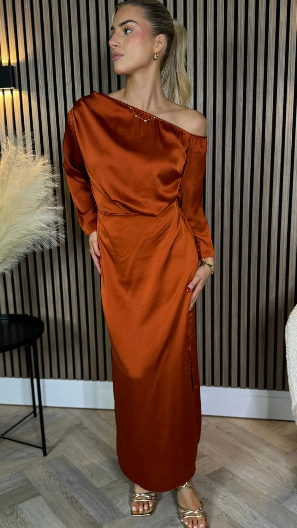 tamera_rust_off_the_shoul_8.webp LORIANE Going Out Dresses | Occasion Dresses^Tamera Rust Off The Shoulder Long Sleeved Ruched Midi Dress