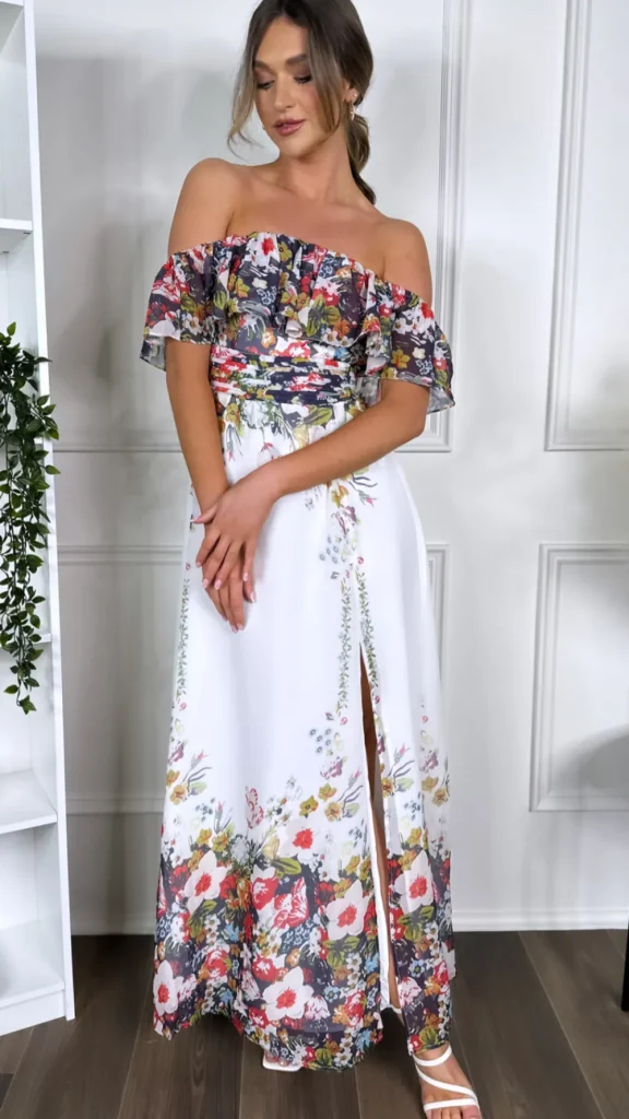 LILY MCBEE Going Out Dresses | Occasion Dresses^Tamsin White Off Shoulder Floral Printed Midi Dress