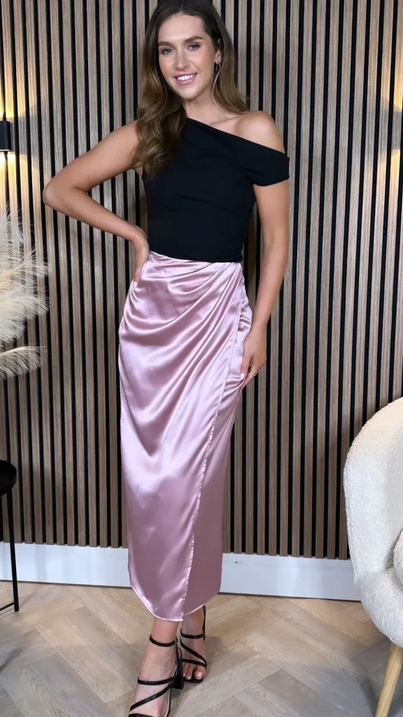 VERA LUCY Skirts & Shorts^Tarana Baby Pink Wrap Effect Satin Midi Skirt