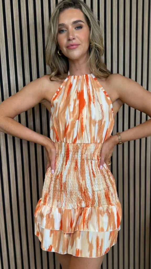 REYNA & JIE Going Out Dresses | Mini Dresses^Teagan Orange Printed Frill Detail Halterneck Mini Dress