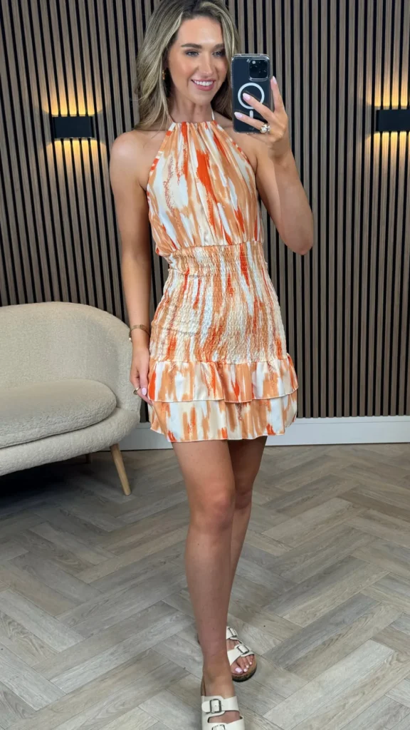 REYNA & JIE Going Out Dresses | Mini Dresses^Teagan Orange Printed Frill Detail Halterneck Mini Dress